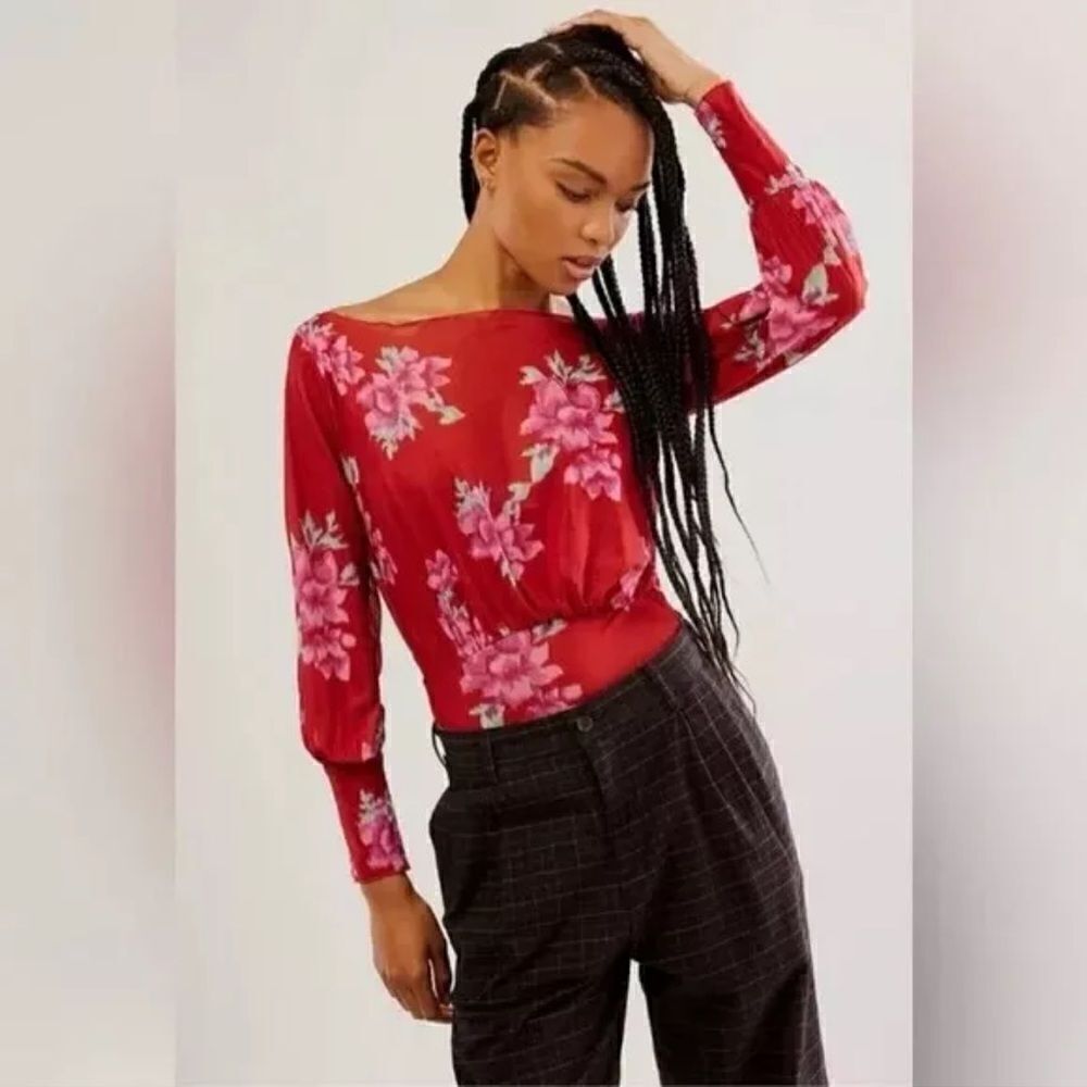 NWOT Free People Undercover Bodysuit XS Floral Thong Off Shoulder Long Sleeve